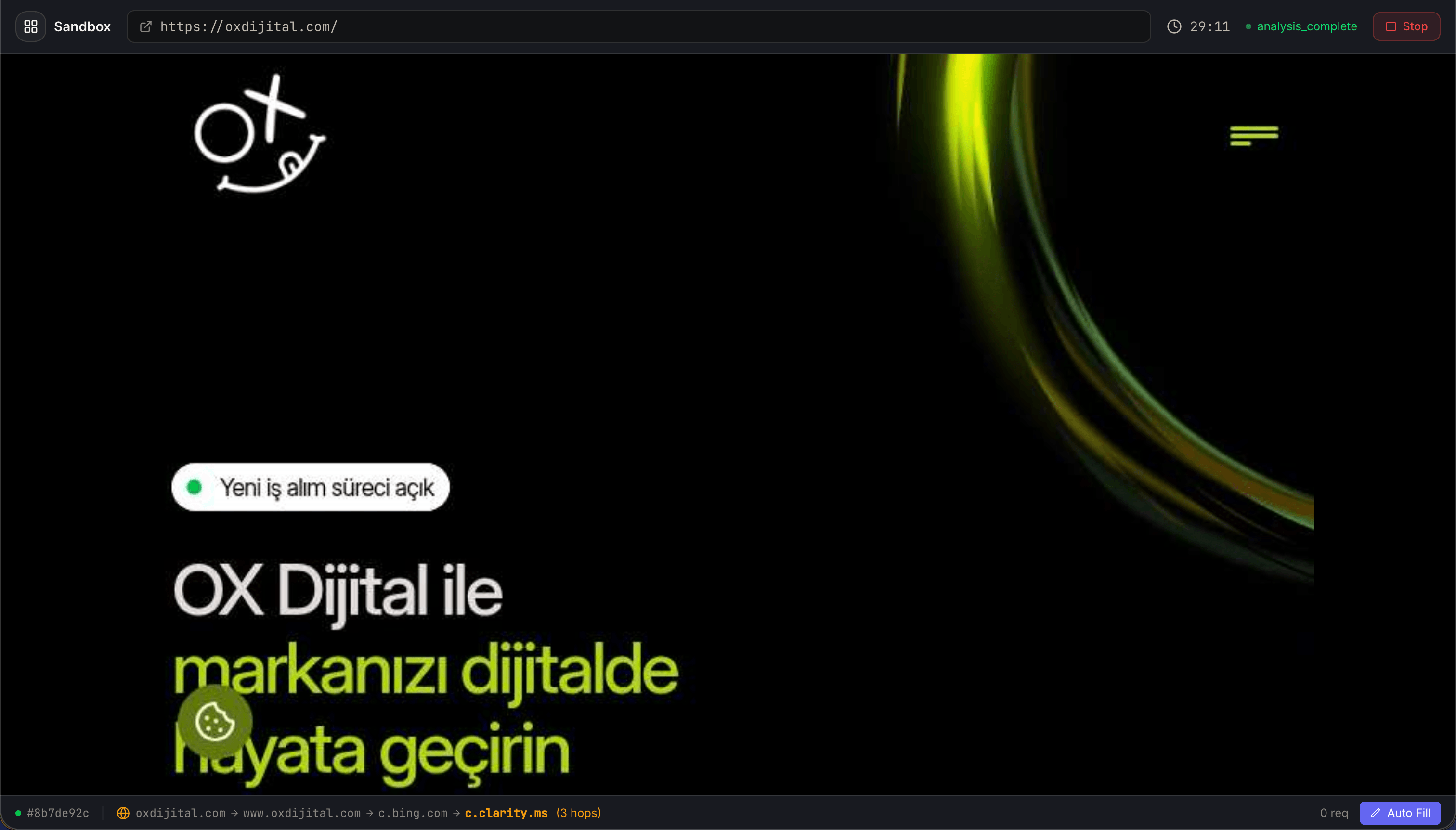 URLBox — Sandbox oturumu arayüzü